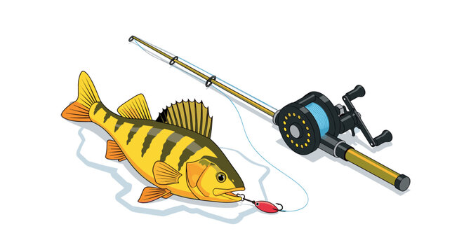 Colorful fishing rod and lure with perch in detailed design for angling enthusiasts