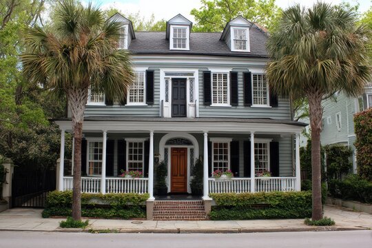Charleston Home: Traditional Grey Two Story Southern Home with Palm Porch