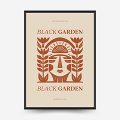 Abstract vector poster with stylized face, radiant sun and botanical symmetry in ornamental composition