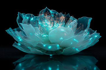 Lighted blue lotus flower sculpture with glowing petals on black background  