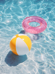 Obraz premium Sunlight shines on beach balls and pink floats in the pool