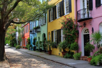 Obraz premium Charleston Rainbow Row. Historic Rainbow-Colored Homes in Charleston, South Carolina