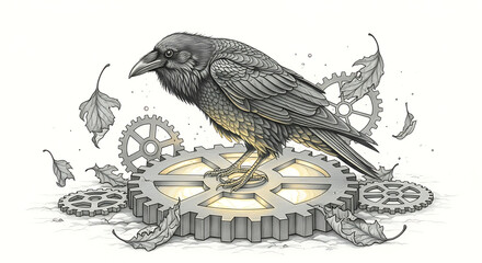 Monochromatic Raven on Steampunk Gears with Falling Leaves, Illuminated Details, Transparent Background