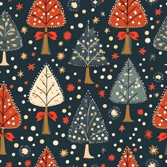 Christmas trees pattern with colorful ornaments on dark background creates a festive holiday atmosphere.