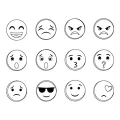 Collection of Hand-Drawn Black and White Emoji Faces Expressing Various Emotions.