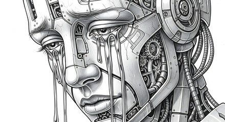 Emotive Cyborg Head with Dripping Tears, Intricate Mechanical Details, Transparent Background
