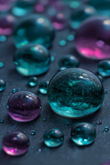 Colorful water droplets on dark surface in abstract style . Template of vertical banner, cover, wallpaper  