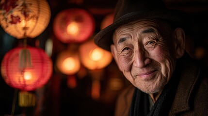 Obraz premium Elderly man with hat smiles, looks forward, eyes show wisdom and contentment, vibrant glowing lanterns background.