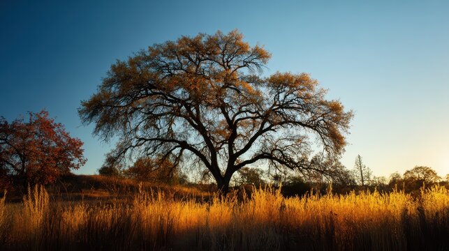 Chico California. Backlit Live Oak Silhouetted Against Golden Sunset in Upper Bidwell Park