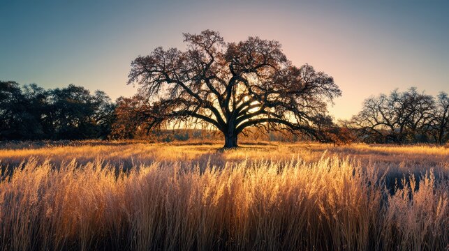 Chico California. Backlit Live Oak Tree Silhouetted at Sunset in Upper Bidwell Park