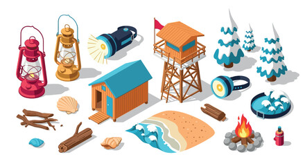 Coastal camping adventure in isometric style cabins, lanterns, fire pits, and nature elements