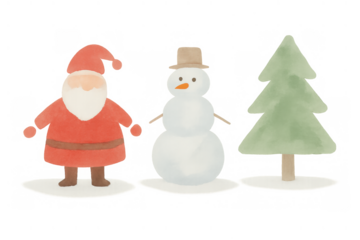 Santa claus, snowman and christmas tree watercolor illustration creating holiday season winter atmosphere