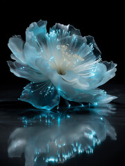 Elegant blue flower with glowing petals reflected on dark surface  