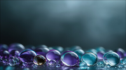 Colorful water droplets on a surface with a blurred background  with empty space for a text.