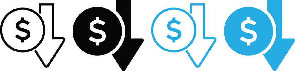 Obraz premium Cost reduction icon price lower arrow. Price Reduction sign. Save Money symbols. Cost Cutting Icons. Money Saving Graphic designs