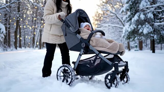 A happy mother pushes her baby in a stroller on a snowy winter day. A woman walking with a child in a snow-covered park. Motherhood and family lifestyle