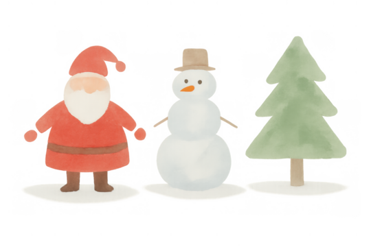 Santa claus, snowman and christmas tree watercolor illustration creating holiday season winter atmosphere