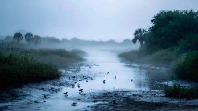 A serene misty wetland landscape with a shallow creek and small birds gathered on muddy banks at dawn - Powered by Adobe
