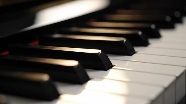Cinematic close-up of a piano keyboard. Shimmering light reflects on the black and white keys. Classical music and art background