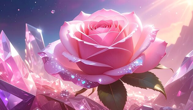 A close-up view of a pink rose blossoms amongst crystals, with a dreamy, light-filled sky. The scene is illuminated by gentle light