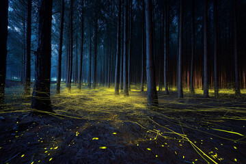 Enchanted forest with glowing fireflies at twilight 