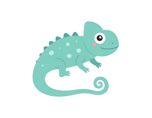 Fototapeta premium A cute cartoon-style chameleon with teal skin, a spiky back, a curled tail, and a sweet expression, set against a blank white backdrop