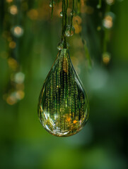 Water droplet reflecting greenery and digital pattern in nature  