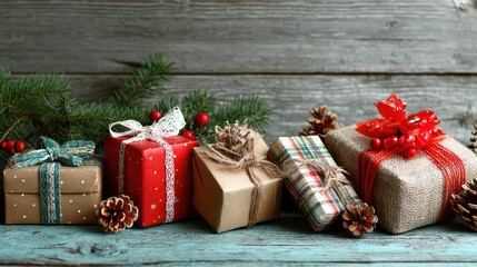 Christmas Raffle. Festive Background with Gift Boxes and Decorations on Wooden Frame