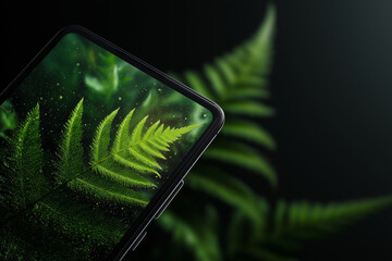 Green fern resting on smartphone with dark background  