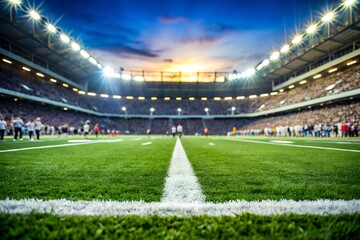 Close-up View of Soccer Field with White Lines and Bright Stadium Lights, Empty Green Grass with Spectators in Background during Game Time