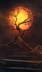 Fantasy night mountain landscape, magical old tree with branches against a glowing moon, neon, night, fog.