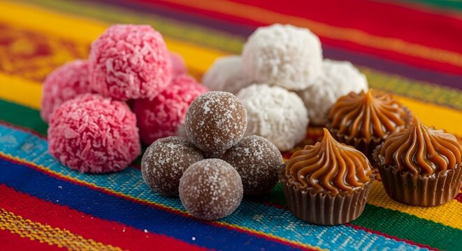 Editorial still life of cocadas and local sweets on colorful fabric