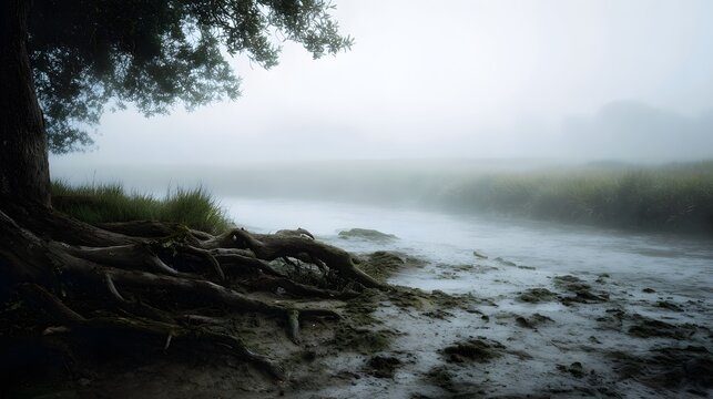 Misty wetland scene with a large tree and exposed roots along the muddy bank