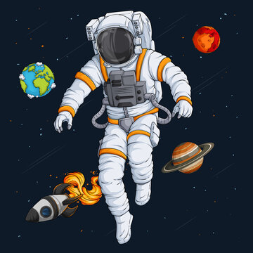 Hand drawn astronaut in spacesuit floating in outer space with a rocket and planets behind, detailed cosmonaut illustration.