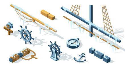 Nautical isometric icons with ice and snow elements for winter design