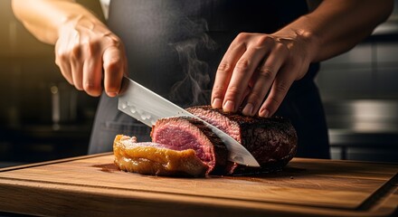 Chef slicing picanha on wooden cutting board, dramatic lighting