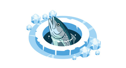Isometric ice fishing scene with trout emerging from frozen lake