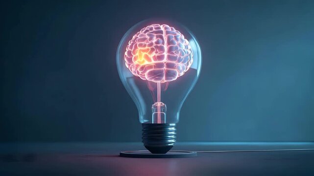 Glowing brain suspended inside a clear bulb resting upright on table, emitting soft neon light in futuristic style, focused composition
