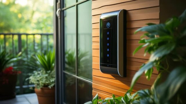 Smart home entry system shown in a modern outdoor setting with lush plants during daytime