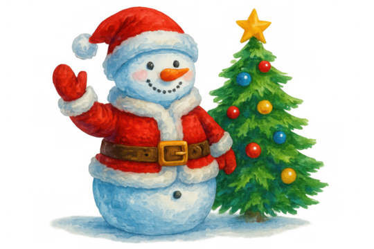 Snowman wearing santa claus costume waving with decorated christmas tree, festive holiday season watercolor illustration
