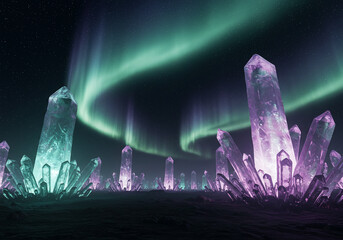 Aurora borealis shines above a field of large, colorful crystals in a dark, otherworldly landscape.