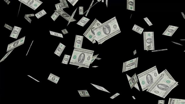 Money rain on black screen background video. dollar bills falling, raining money, cash rain falling animation, money falling overlay.