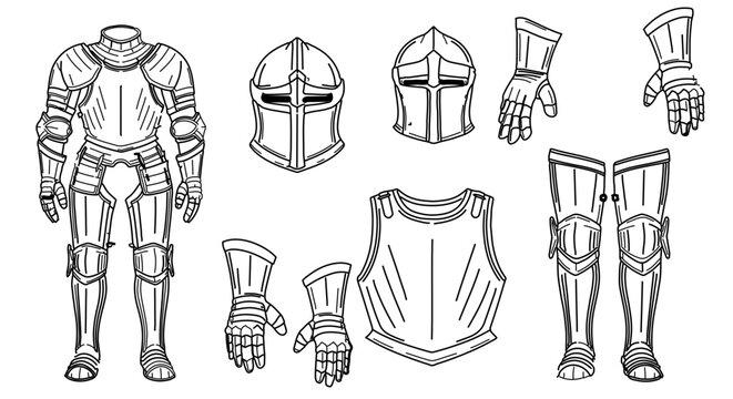 Collection of medieval knight armor pieces, including helmet, gauntlets, and breastplate