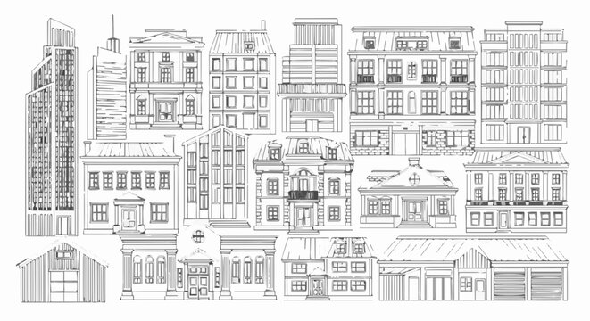 Detailed line art illustration of various buildings and houses