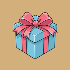 Blue Gift Box with Pink Ribbon Bow Present Celebration Flat Vector Illustration