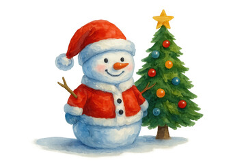 Fototapeta premium Snowman wearing santa hat and jacket standing near decorated christmas tree, winter holidays watercolor illustration