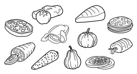 Collection of food item line drawings, perfect for menu design or culinary illustrations