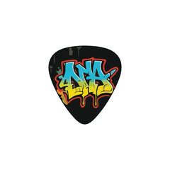 A black guitar pick featuring colorful graffiti art spelling "ANA" in blue and yellow on a white background.