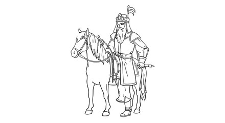 Fototapeta premium Outline drawing of a medieval knight on horseback for coloring pages
