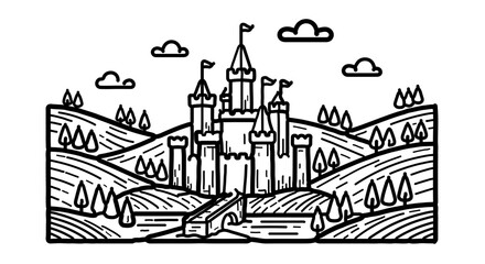 Obraz premium Enchanting castle nestled amidst rolling hills, a whimsical landscape